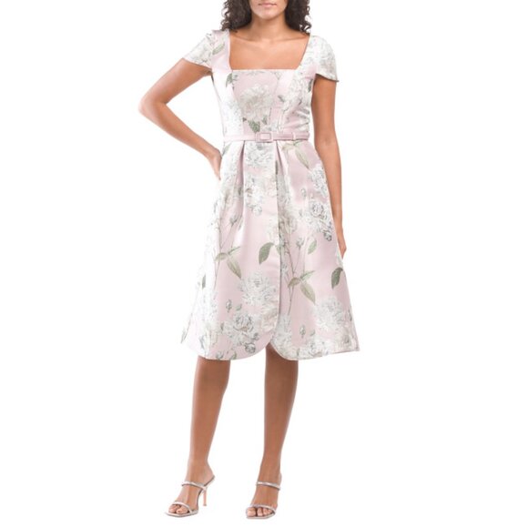 KAY UNGER Pink Pearl Mira Gold Floral Midi Dress With Fit And Flare Skirt